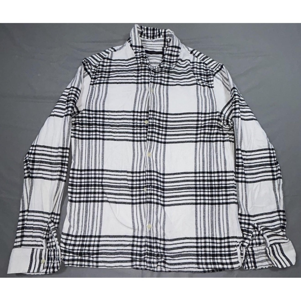 AllSaints Shirt Mens Medium White Plaid Cotton Flannel Long Sleeve Button Up